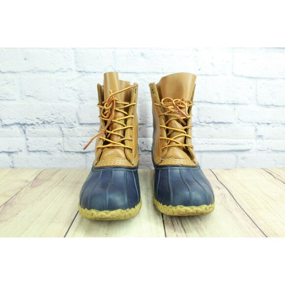LL Bean Blue Brown Leather Rubber Unlined 8" Ankle Duck Boots Round Toe Size 8 M - Picture 4 of 10